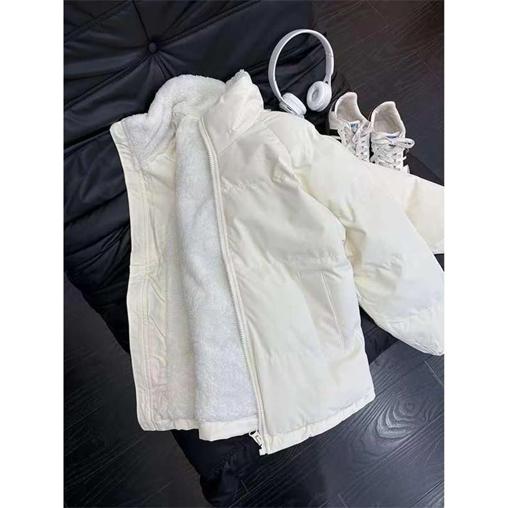 白色美式立领短款棉服男款冬季加绒加厚羊羔绒外套防寒保暖面包服
