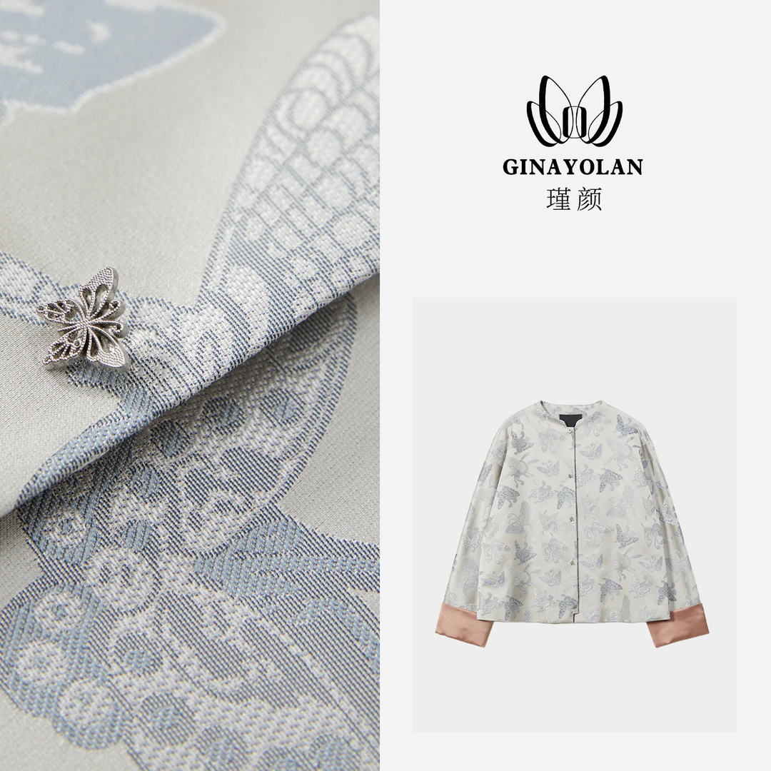 /瑾颜|33姆米林深百蝶舞宋锦全真丝圆领中式外套长袖