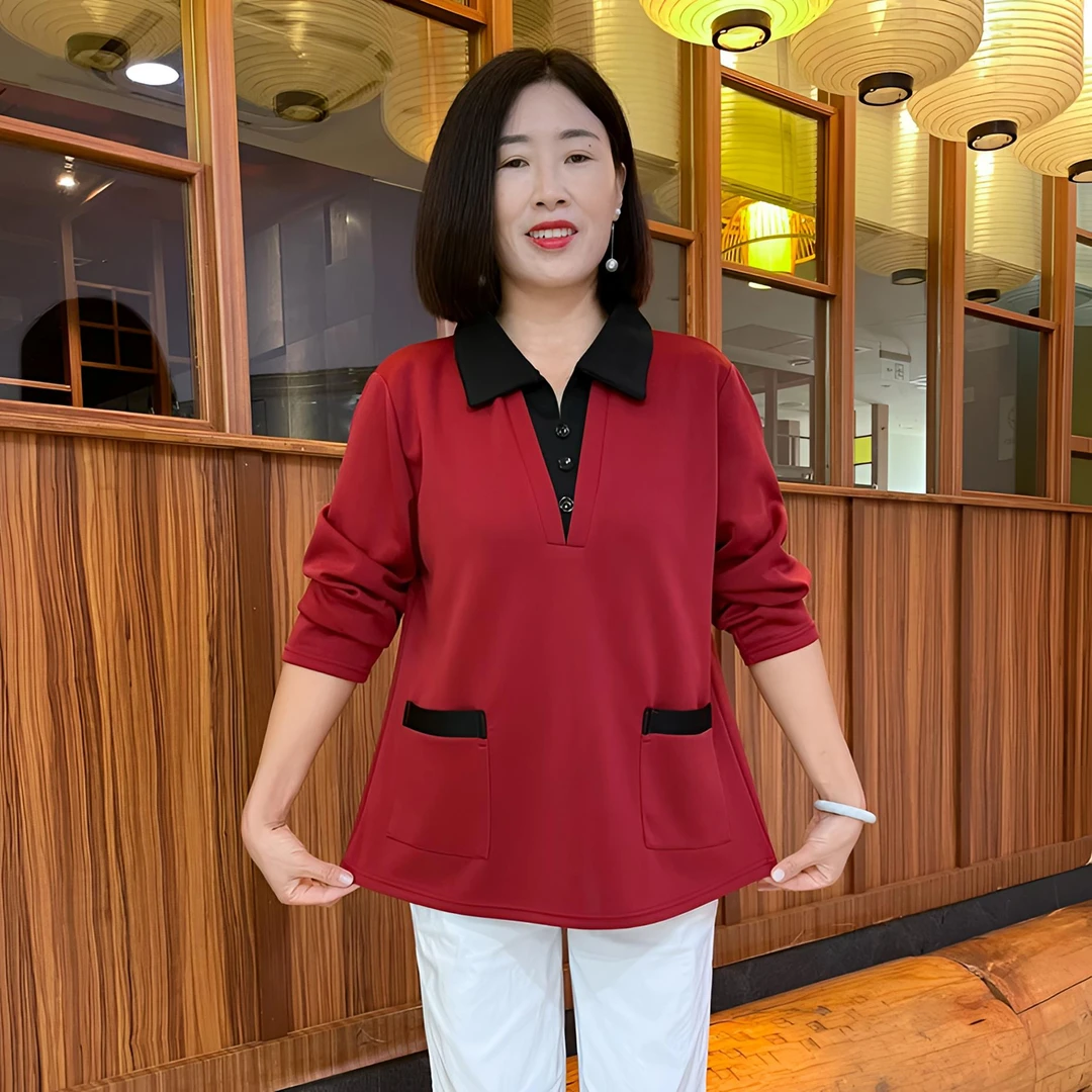 秋季新款假两件翻领加肥加大中年妈妈装