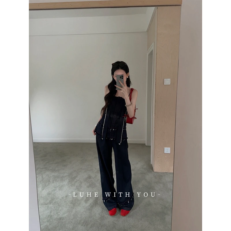 LUHE【罗萨街头】hehe私服~设计感100棉牛仔吊带+牛仔裤