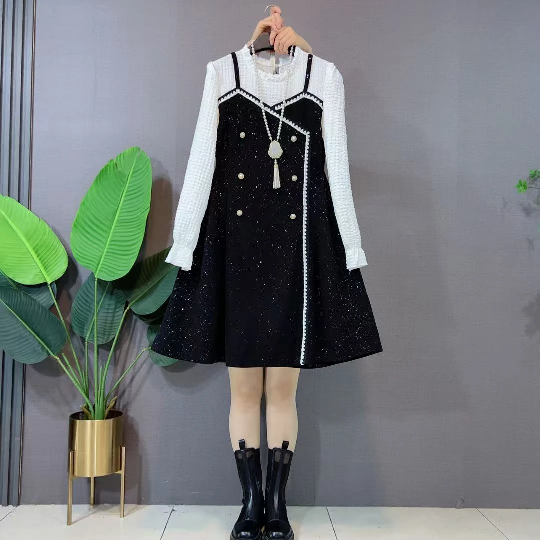 胖mm法式高级感吊带拼接设计假两件长袖连衣裙大码显瘦打底裙女