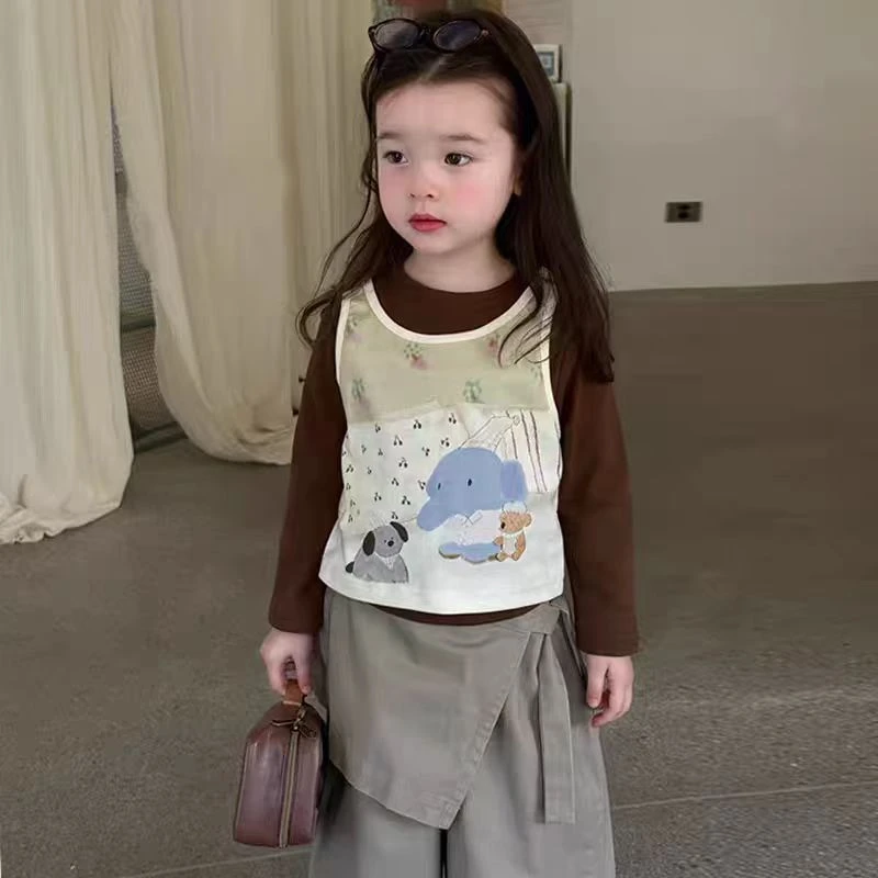 女童炸街套装春秋季2025新款儿童宝宝洋气长袖T恤马甲屁帘工装裤