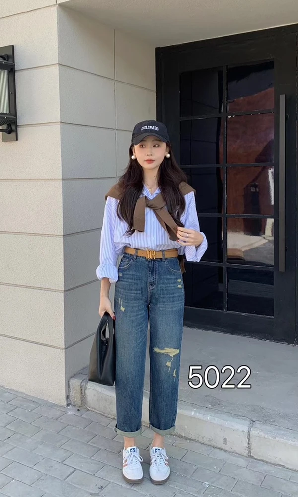5022  欧货深蓝色哈伦牛仔裤女夏季薄料高腰破洞小个子萝卜老爹裤