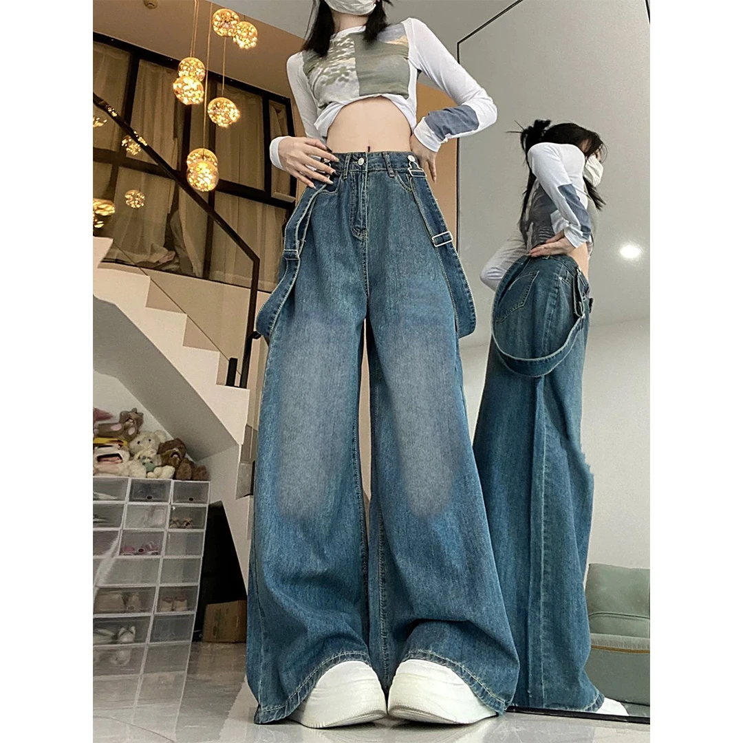 6567#【新春福利款】背带牛仔裤女高腰显瘦宽松阔腿直筒拖地裤子