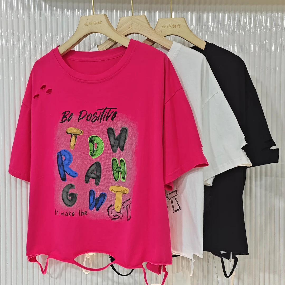 【婉婷服饰】88052圆领破洞短袖T恤夏季潮牌时尚百搭休闲女装宽松