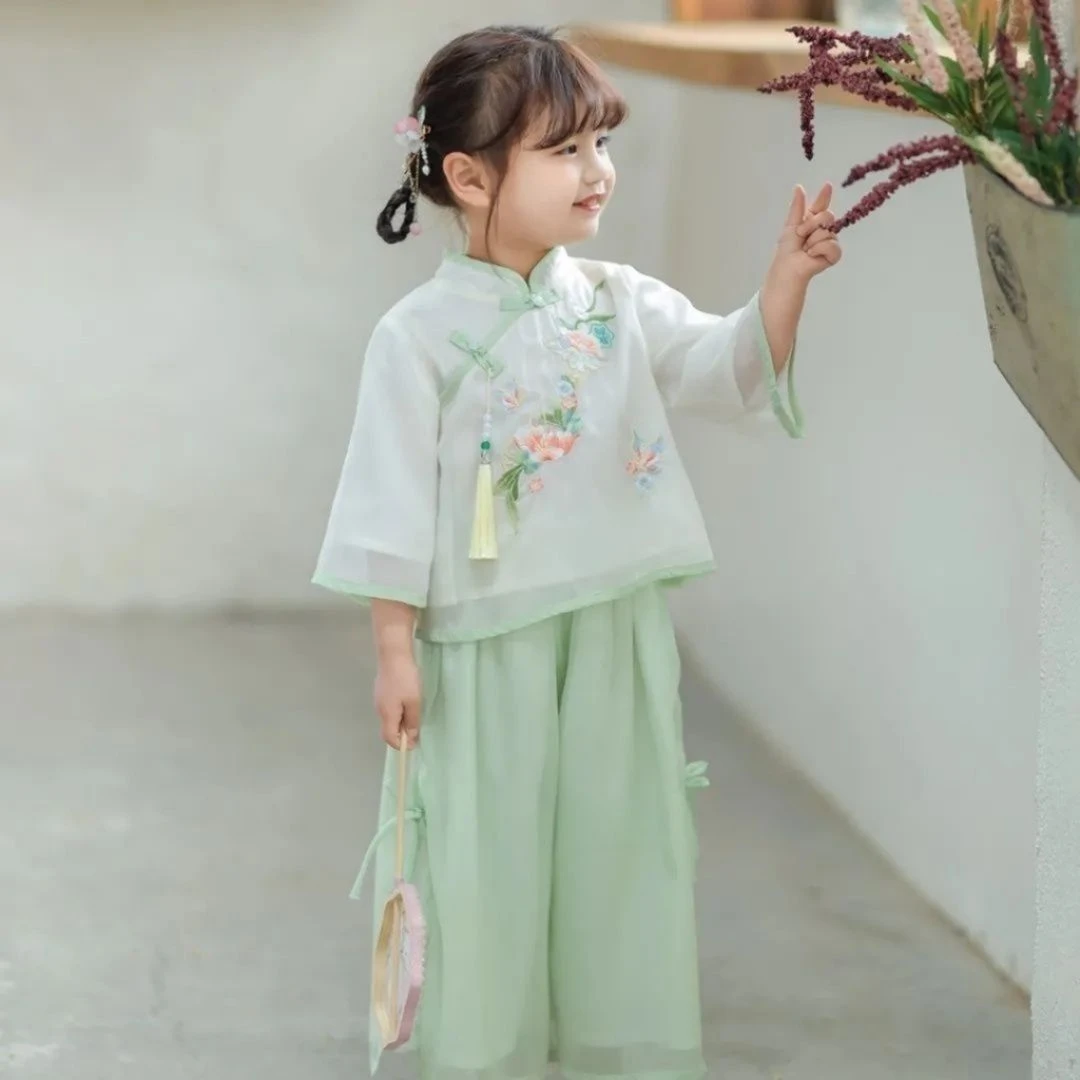 女童汉服秋季新款儿童复古中式旗袍宝宝民国风唐装阔腿裤套装夏天
