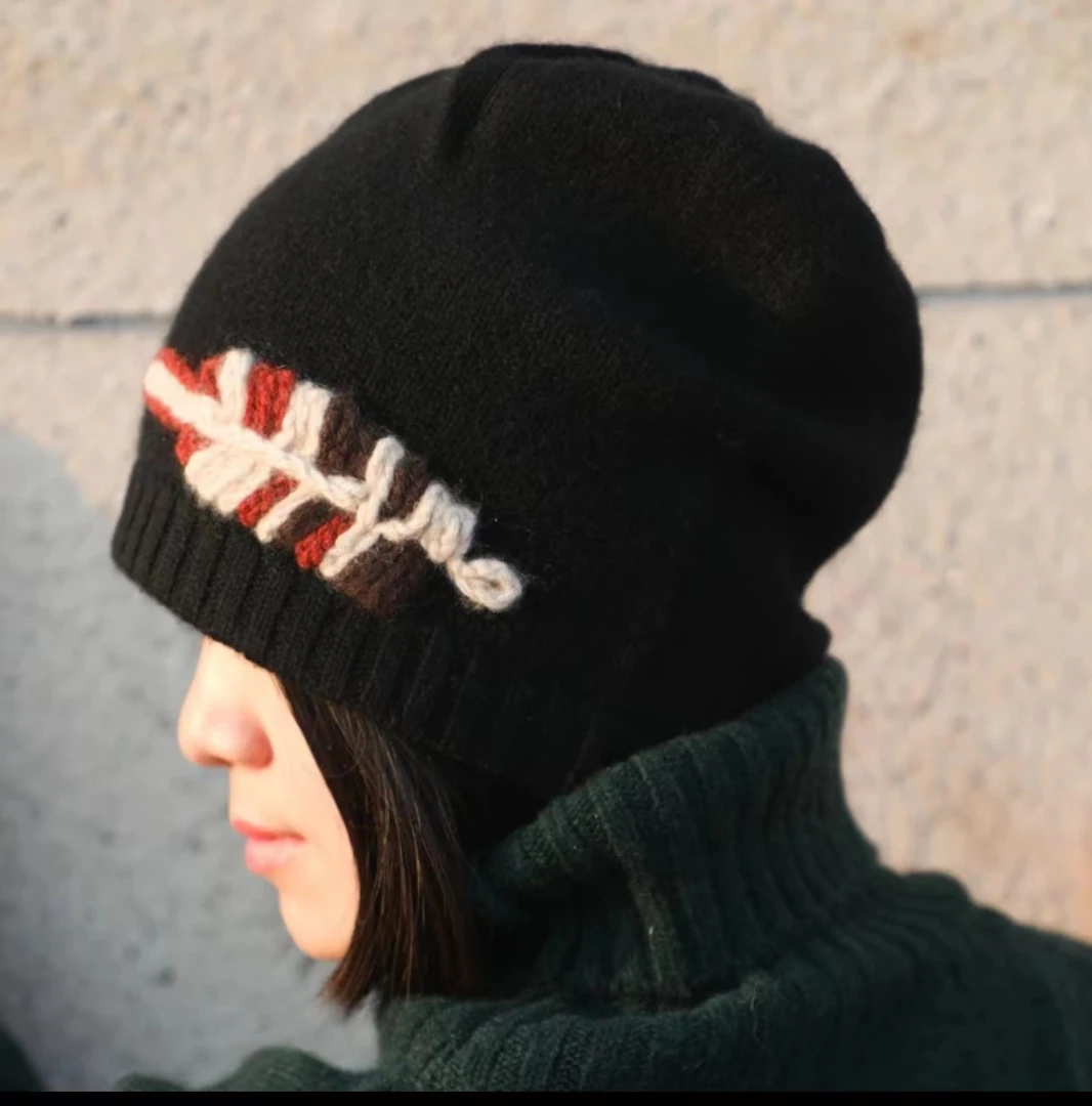 手工钩花100%纯山羊绒针织帽女秋冬加厚保暖护耳包头堆堆帽