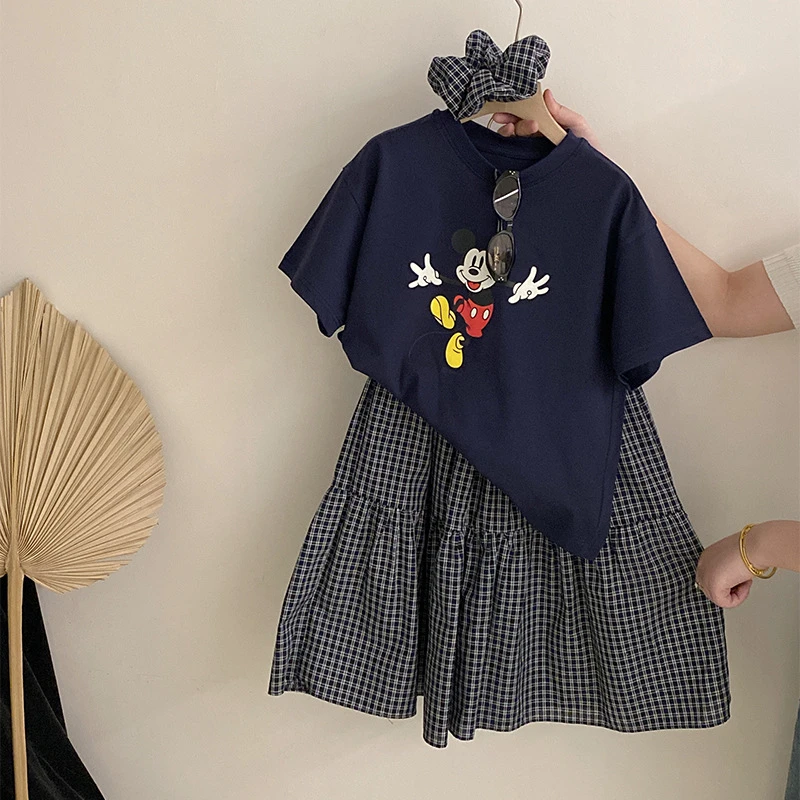 【安安家】韩版女童夏季卡通米老鼠短袖T恤格子半身裙两件套R25299