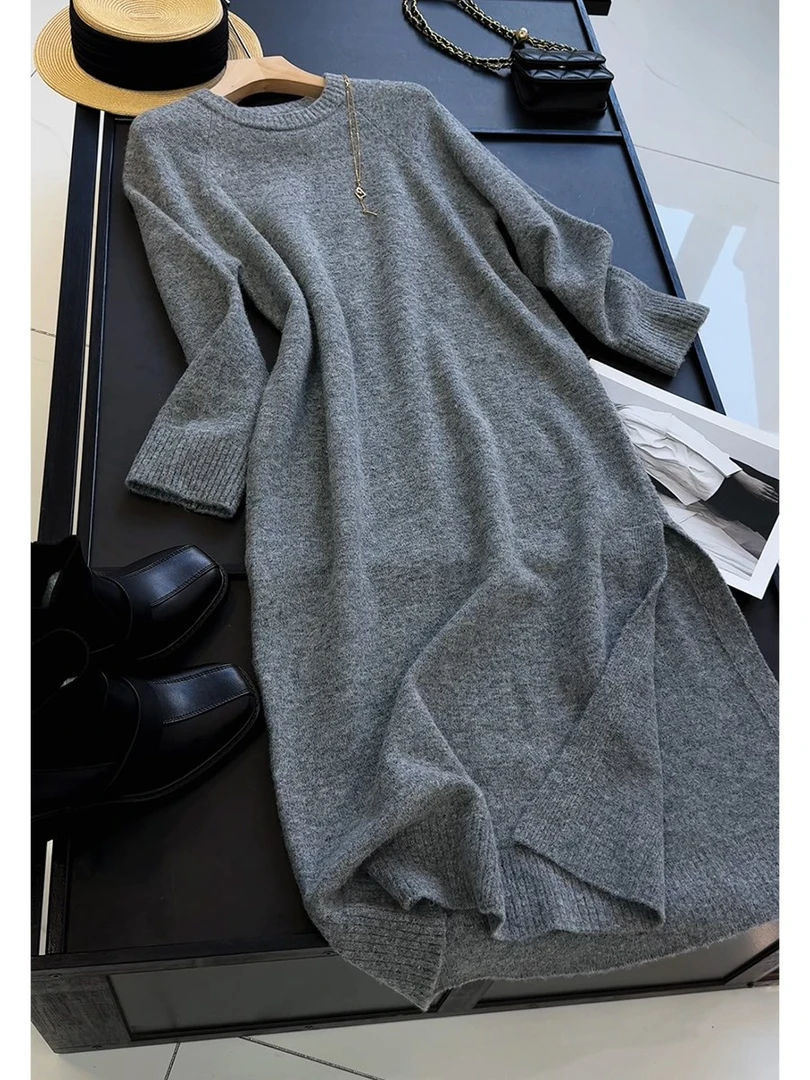 设计感简约灰色弹力显瘦百搭复古长袖圆领针织连衣裙外套女