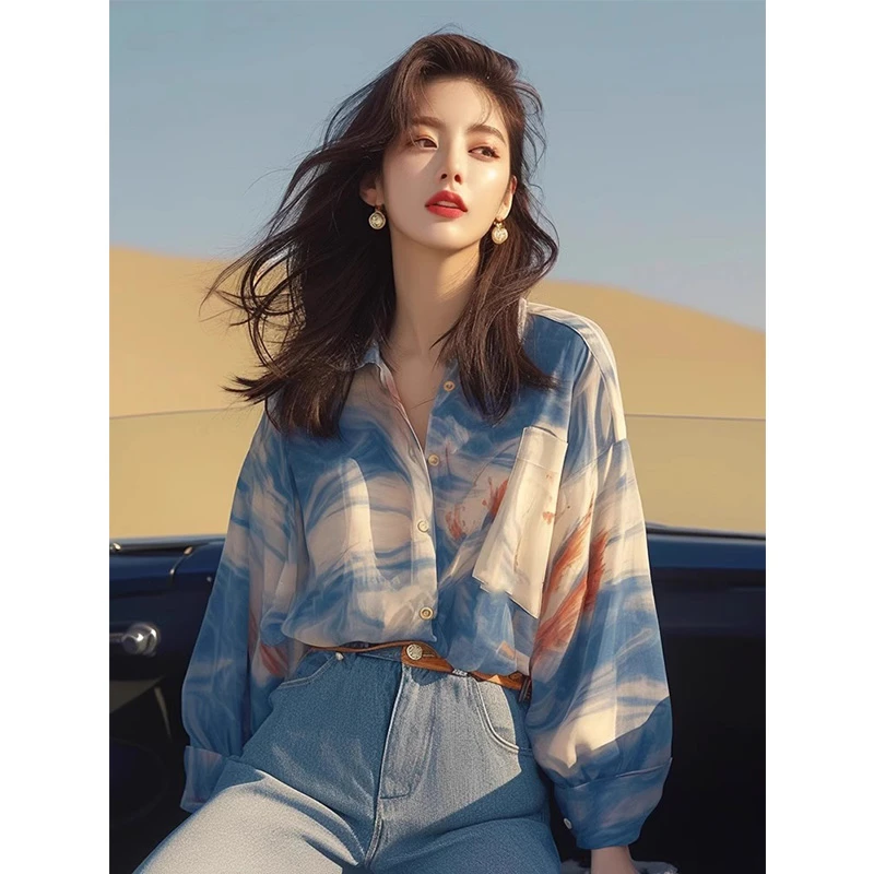 法式扎染雪纺衬衫早春秋冬季2025新款女打底内搭上衣宽松独特气质