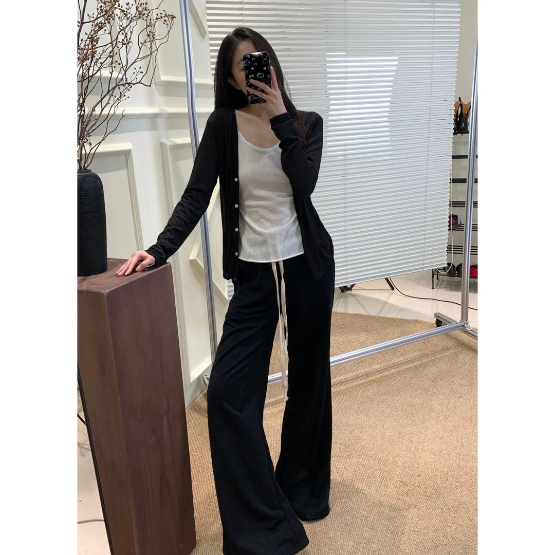 【超模裤】黑色抽绳阔腿裤秋宽松休闲百搭高克重拖地裤