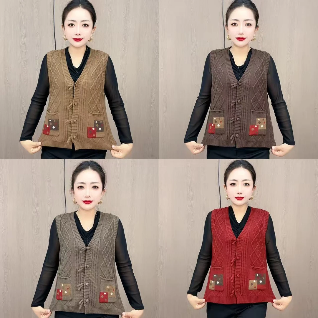 民族风盘扣秋冬编织秋季洋气女士马夹时尚休闲针织外穿马甲（c）