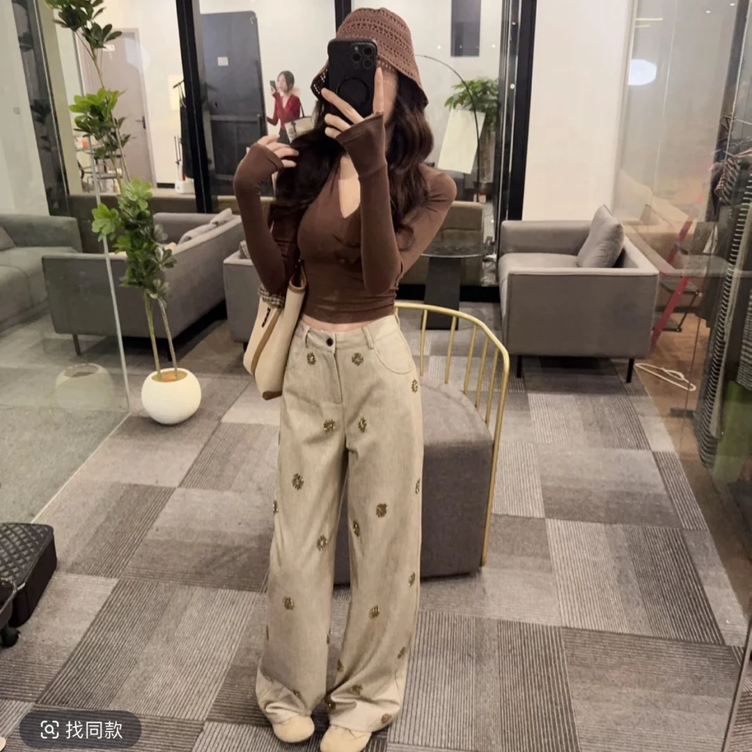 OS&oneshow套装女辣妹T恤V领上衣穿搭烫钻阔腿裤显瘦气质两件套