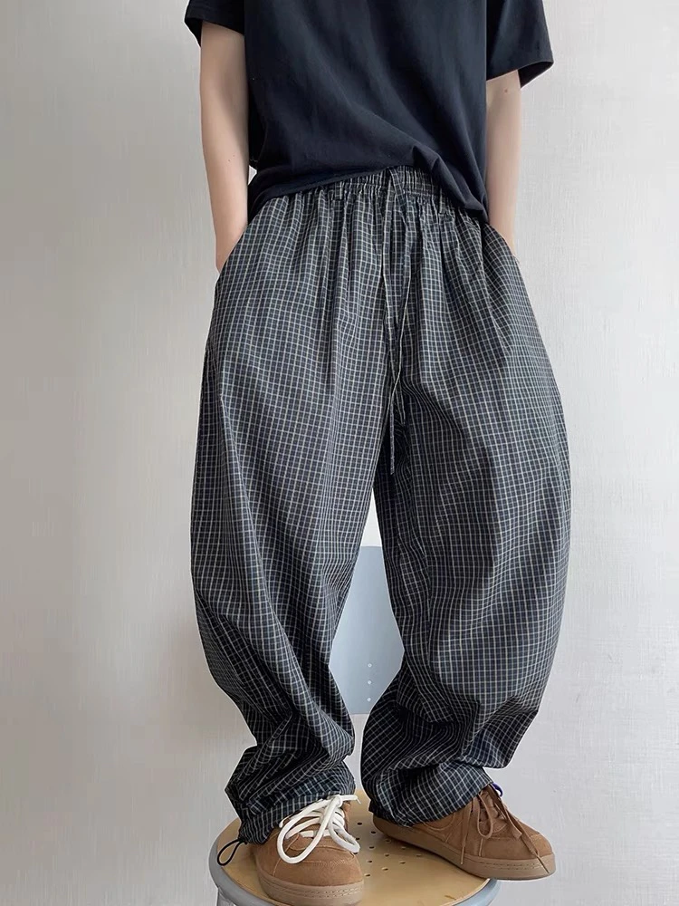 夏季薄款美式复古格子裤男女百搭慵懒宽松休闲裤阔腿裤直筒长裤潮
