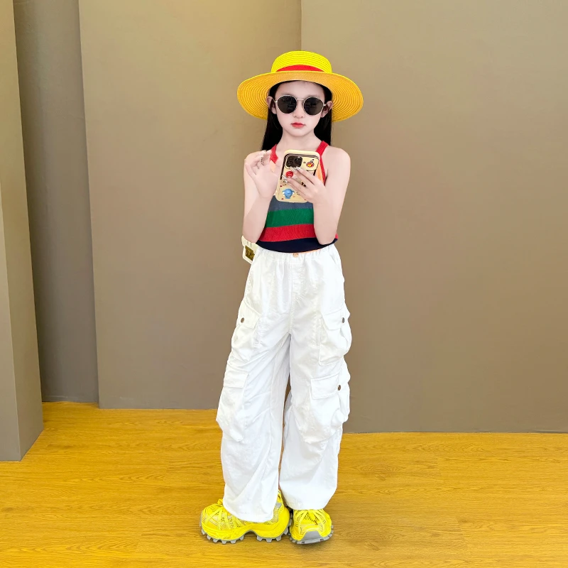 女童夏季套装2025新款吊带条纹背心儿童女孩工装裤夏季洋气两件套