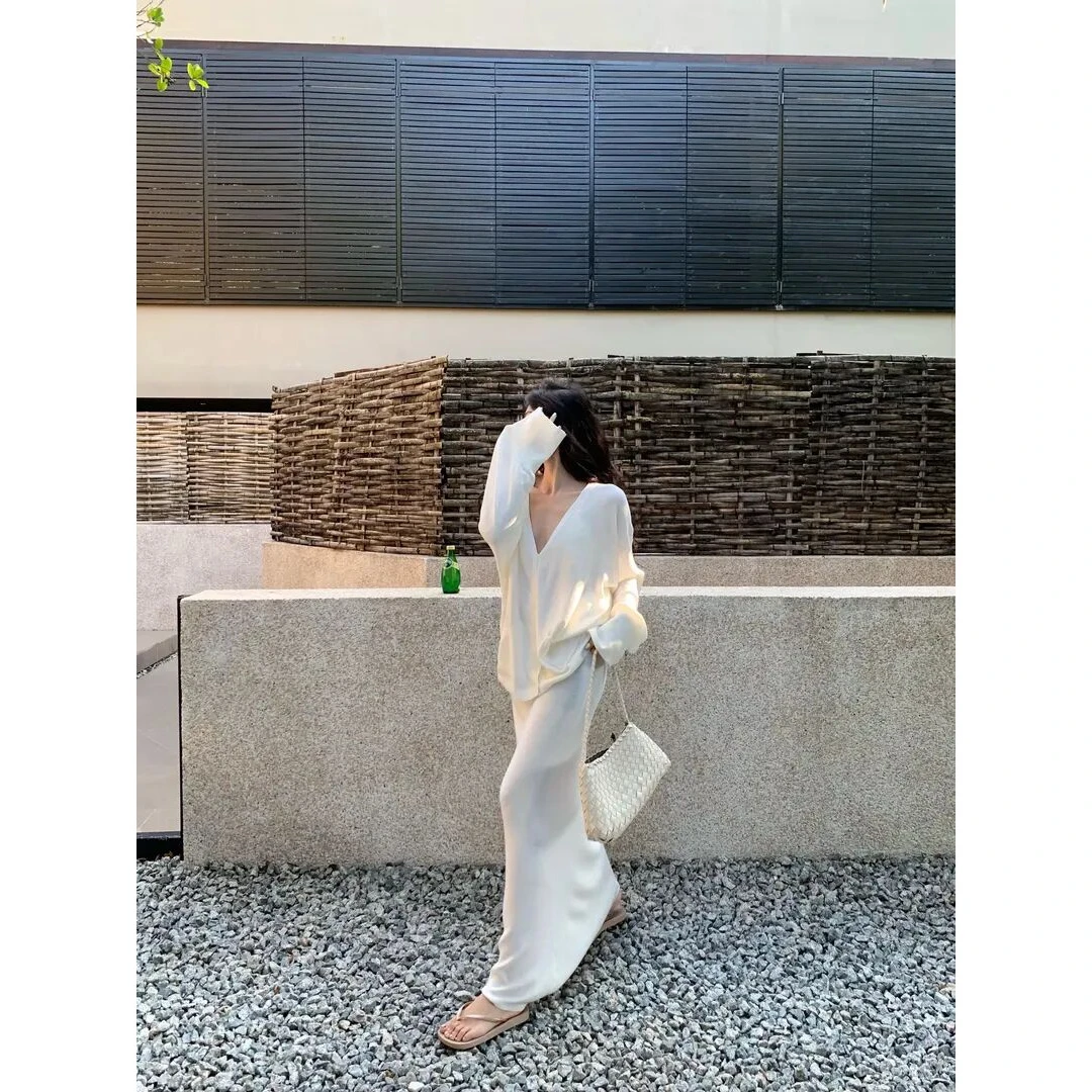 宽松慵懒风气质高级感V领上衣长款半身裙女2025春季新款辣妹套装