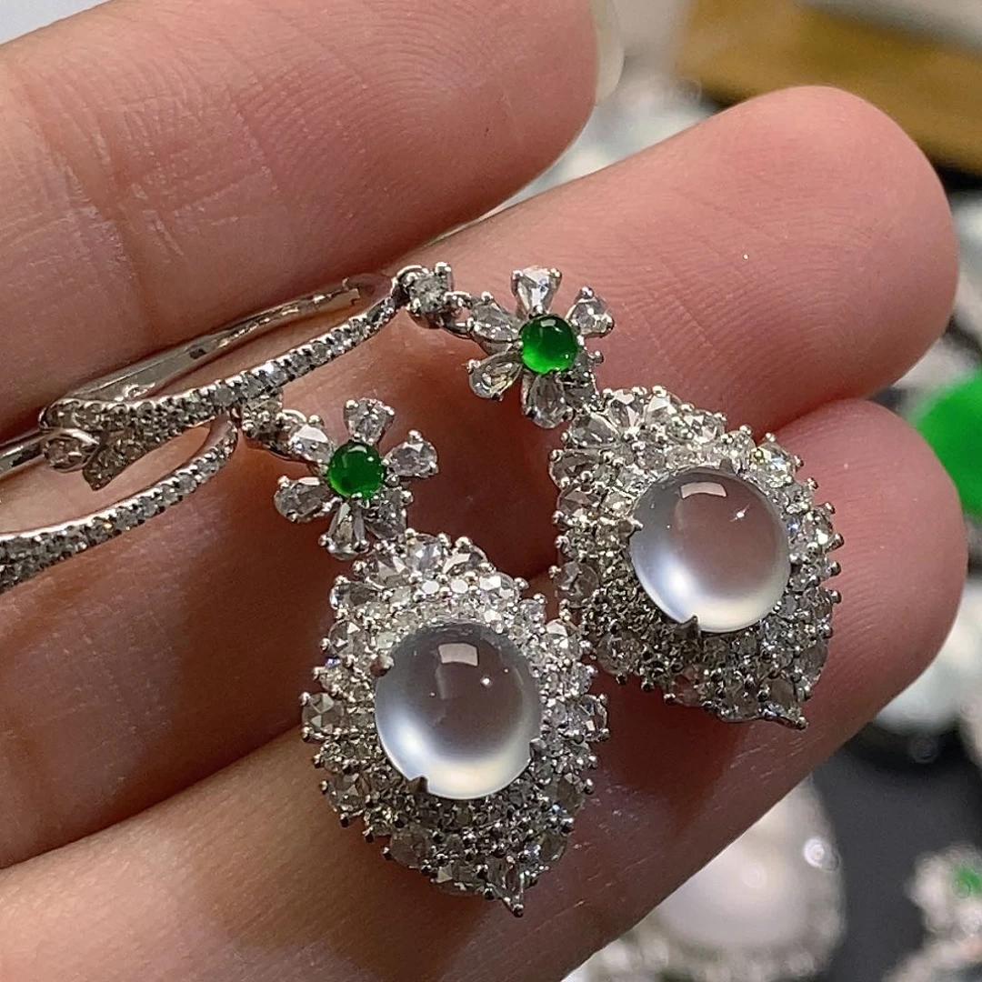 翡翠耳饰18K金镶嵌天然缅甸A货翡翠