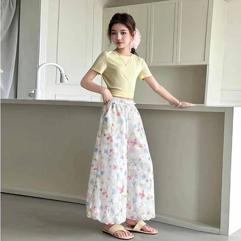 女童裤子儿童洋气花朵印花阔腿花苞裤童装夏季薄款休闲宽松百搭