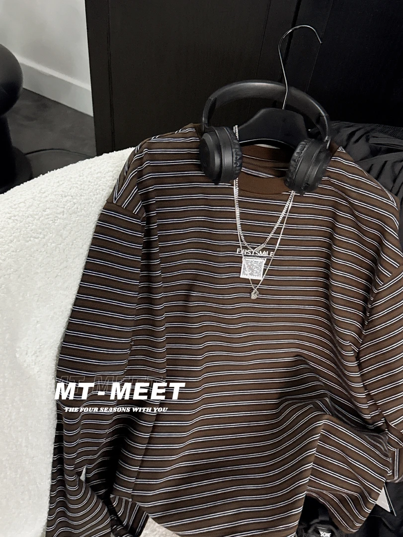 M T 2025 春季新款亲子潮流宽松针织条纹长袖T恤/0089