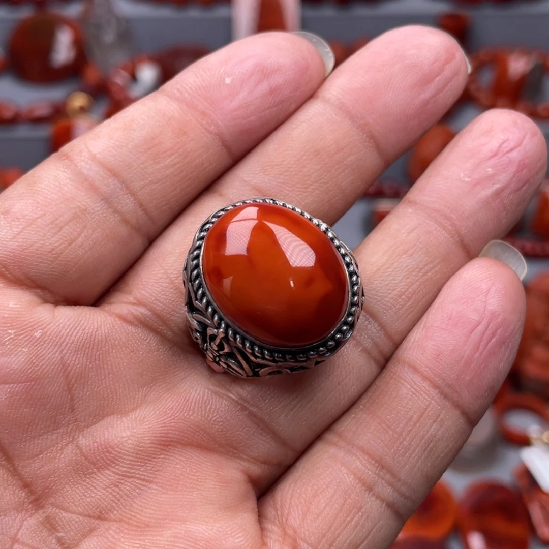 南红玛瑙银S925镶嵌珠宝奇石戒指