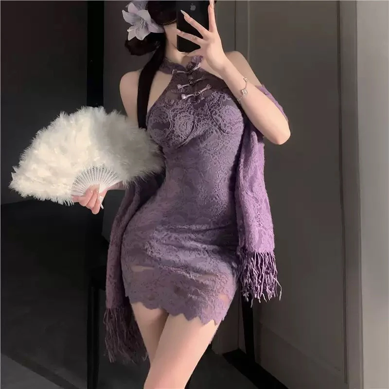 铃铛响了：纯欲辣妹紫色连衣裙性感修身显瘦一字肩包臀短裙