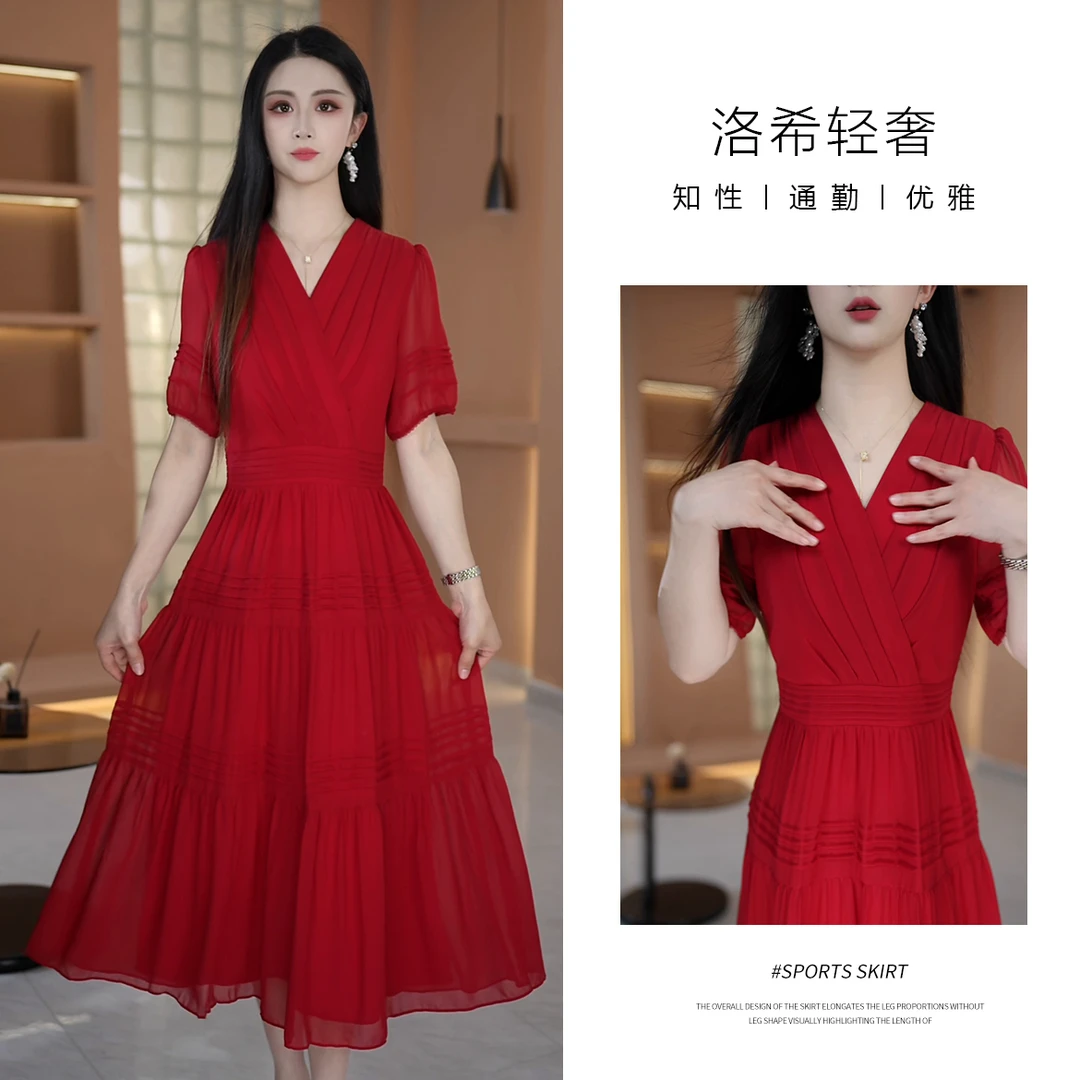 【炽砂锢光】短袖小个子优雅春季气质V领知性连衣裙夏季通勤高法式