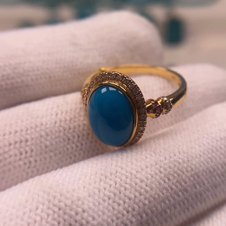 18K金镶嵌绿松石珠宝奇石女戒AA991