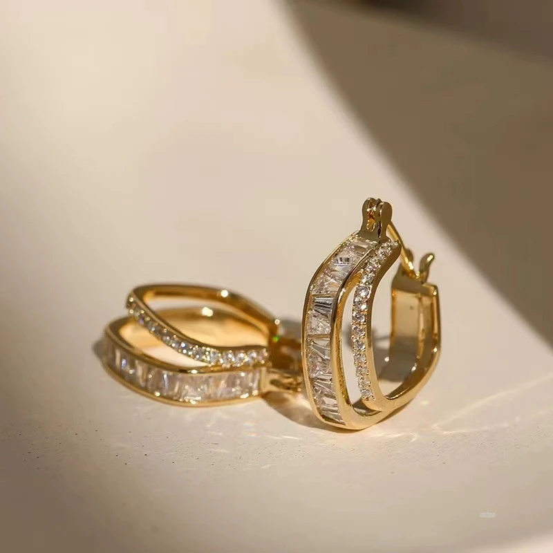 铜合金锆石耳饰 港风轻奢超闪锆石方形耳扣精致轻奢双层耳环经典