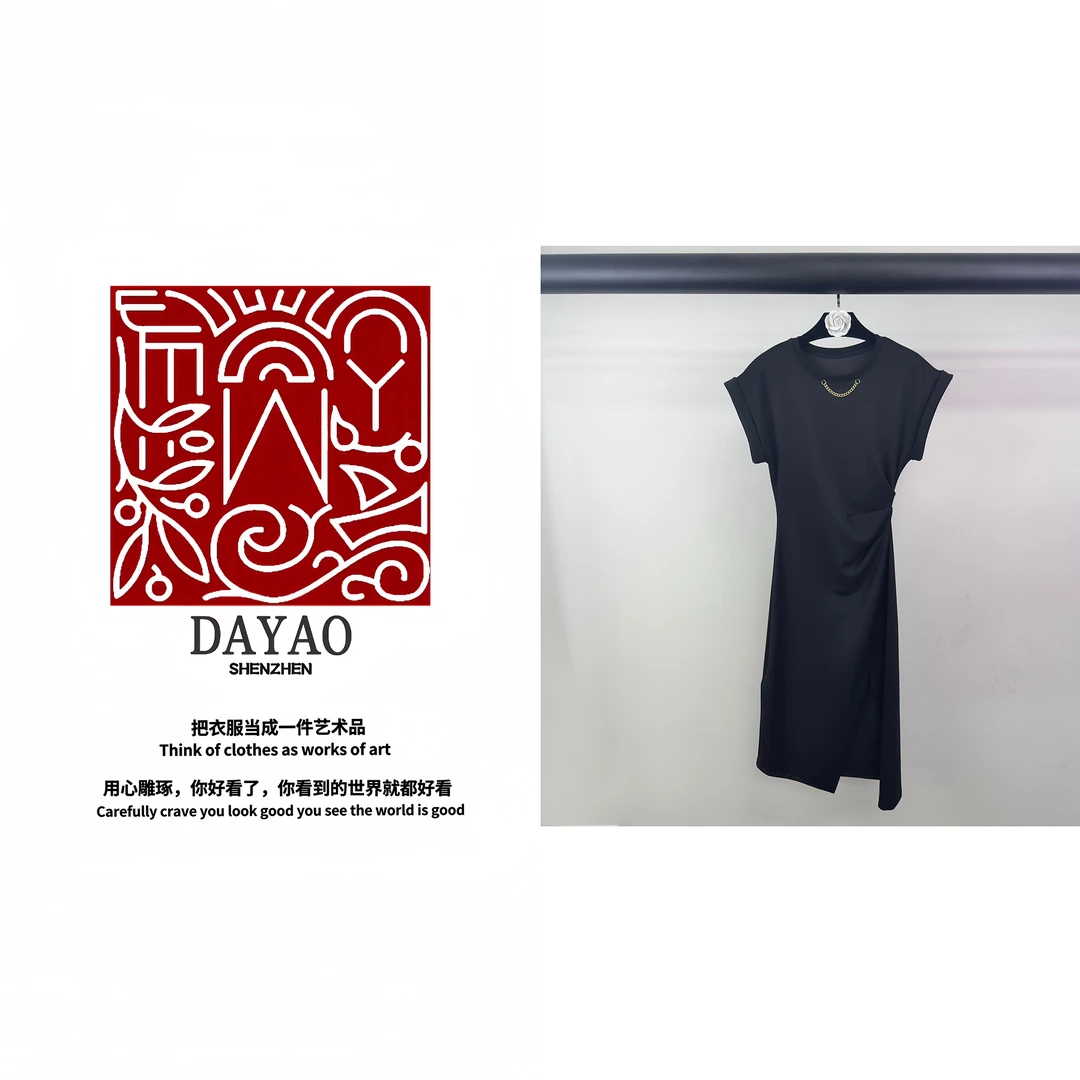 「DAYAO」时尚新款百搭黑色褶皱名媛连衣裙青奢高端女装WY24545