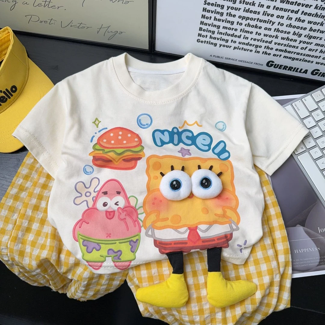 儿童纯棉短袖T恤2025夏季新款立体玩偶宽松圆领半袖男女童上衣潮