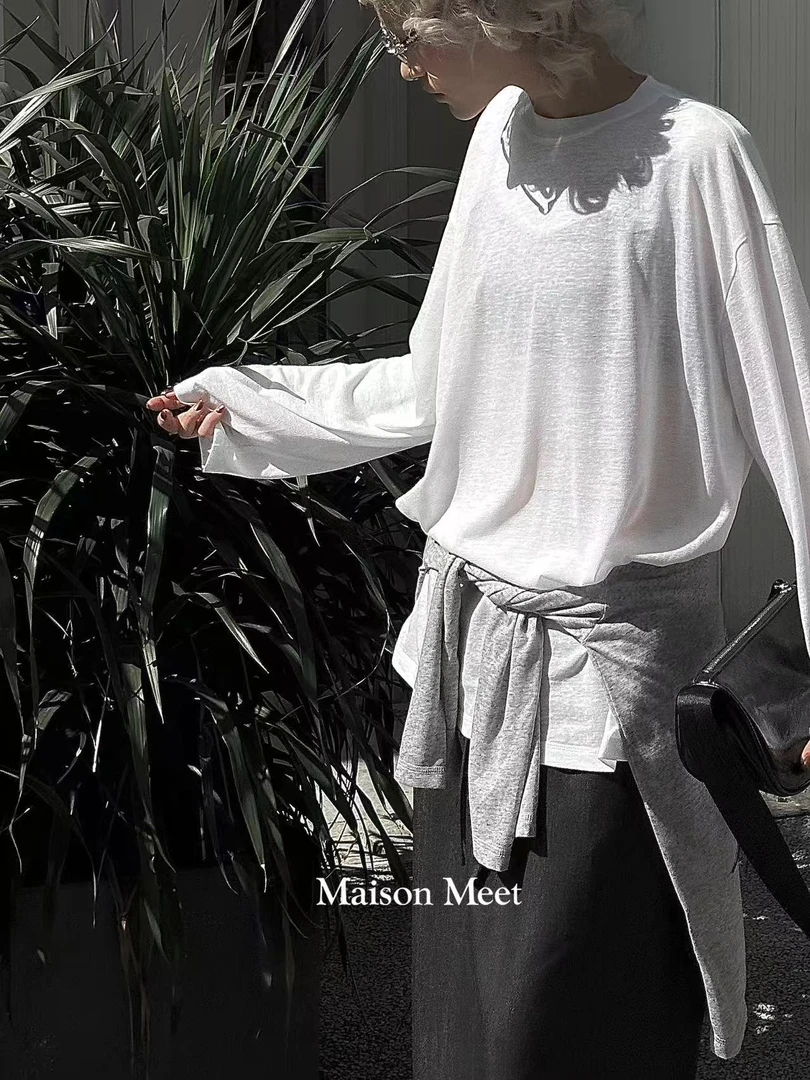 【Maison Meet】长袖宽松白色时尚休闲百搭圆领松弛感T恤V2068