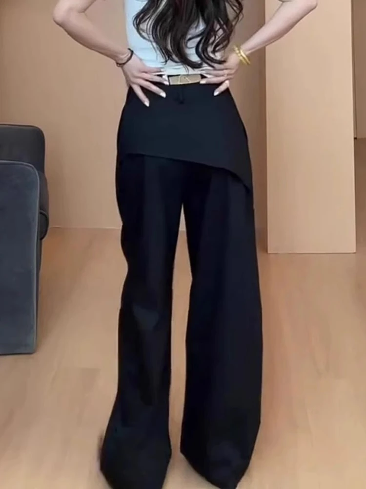 大码设计感屁帘西装休闲裤女春季胖mm显瘦直筒宽松高腰拖地阔腿裤
