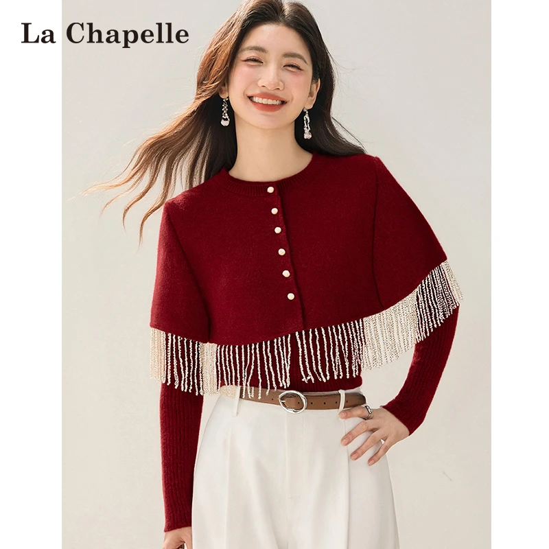 拉夏贝尔2026秋冬季复古流苏红色披肩斗逢针织衫女小香风过年毛衣