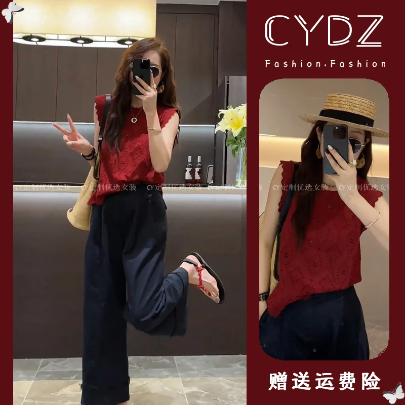 夏装搭配一整套镂空蕾丝无袖上衣阔腿裤两件套小个子显高时尚套装