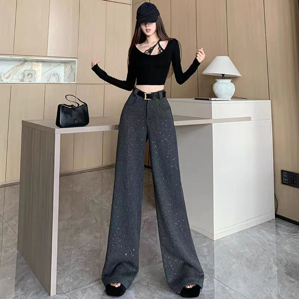 【9063】嘉#高腰细闪直筒宽松休闲裤【配皮带】