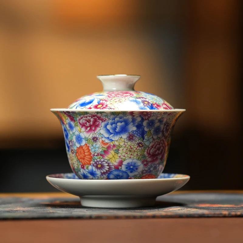 蓝色万花珐琅彩三才盖碗陶瓷瓷盖碗描金 s657