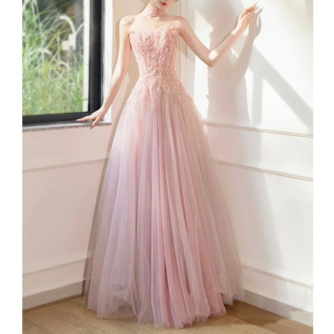 晚礼服新款气质甜美粉色新娘结婚敬酒服宴会年会主持人婚纱礼服