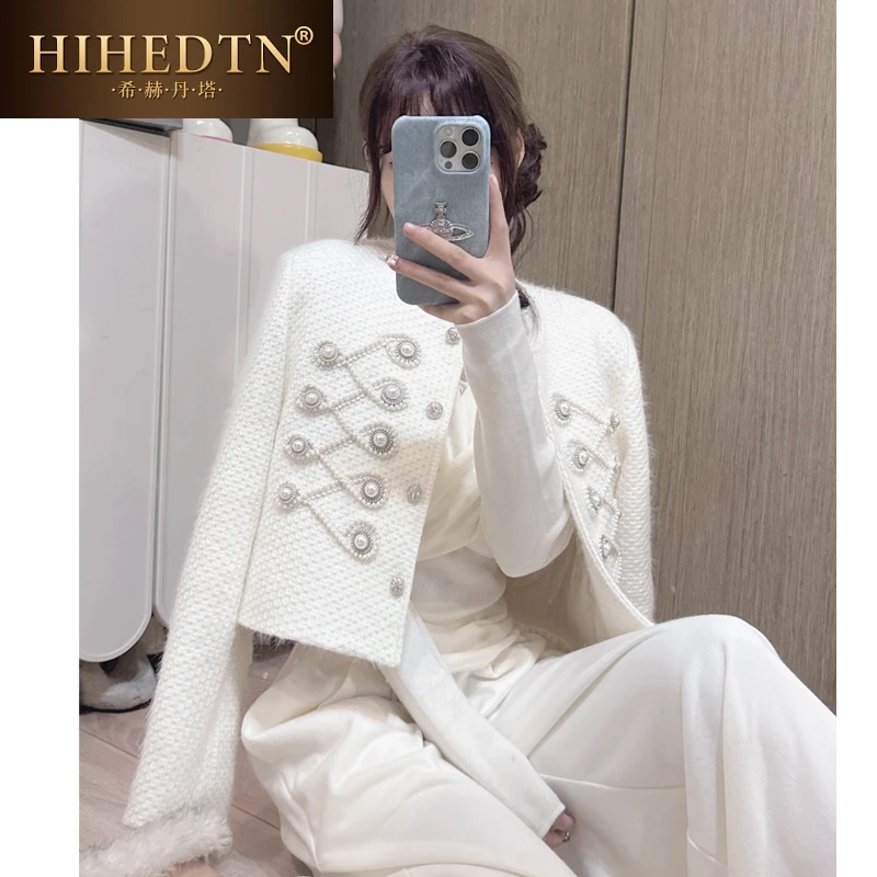 品牌时尚女装名媛白色钉珠呢短款外套女春重工镶钻粗花呢西装开衫