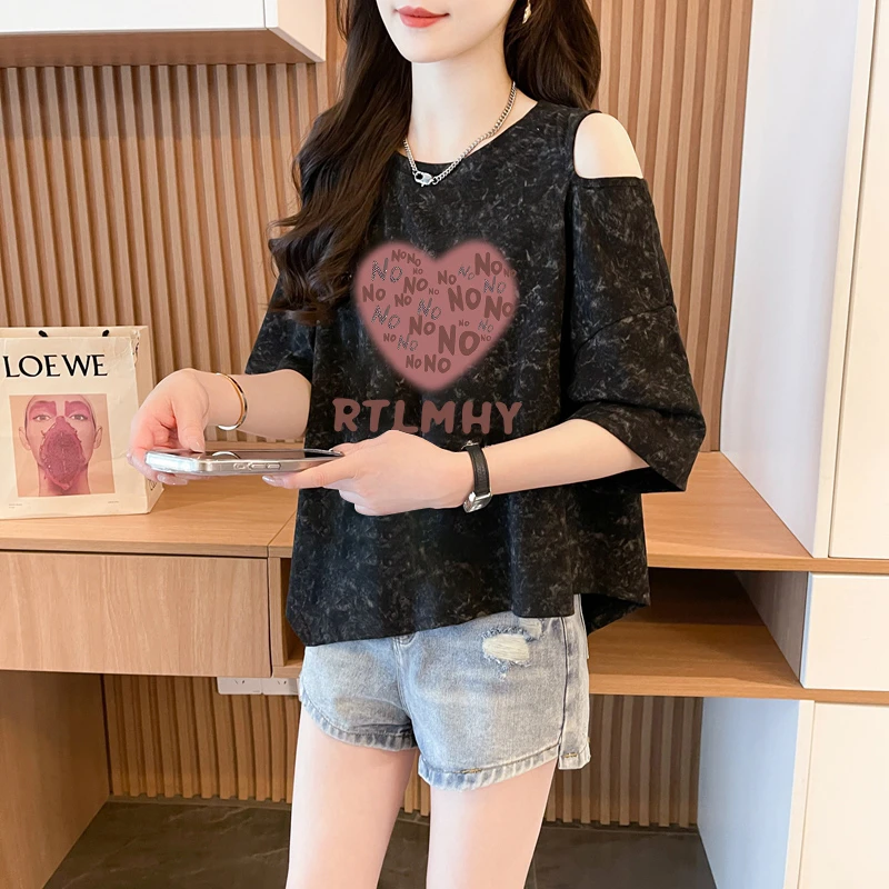 时尚百搭潮流短袖T恤女2025夏季韩版宽松休闲设计感扎染露肩上衣