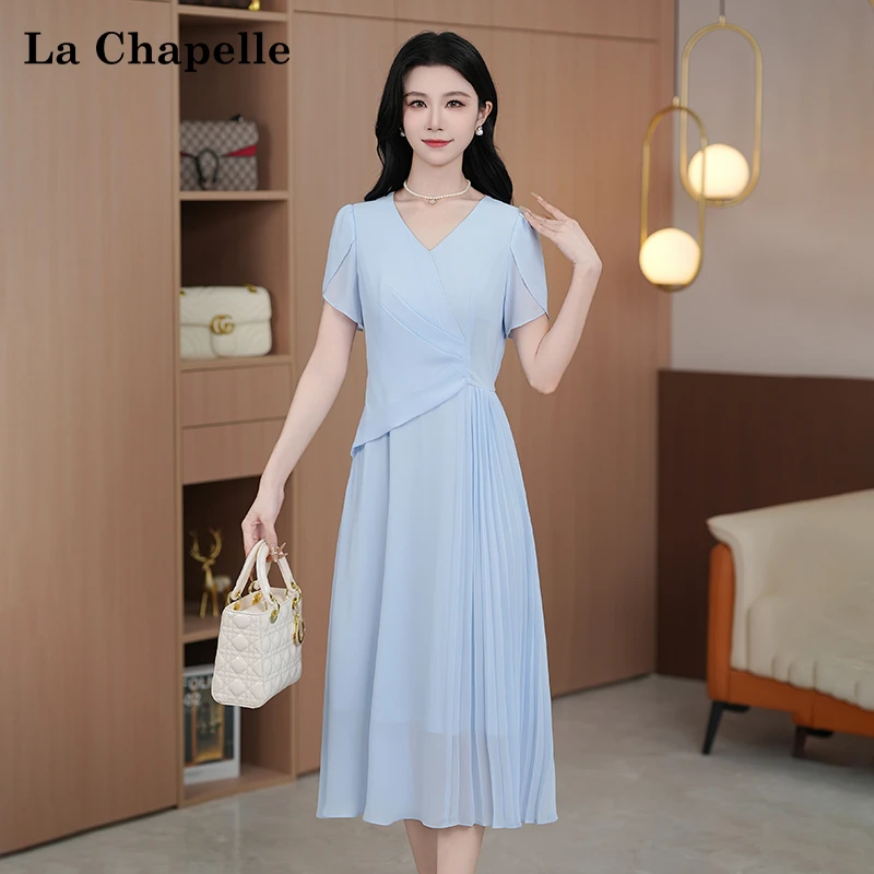 【拉夏贝尔】夏季法式设计感显瘦松紧腰短袖连衣裙