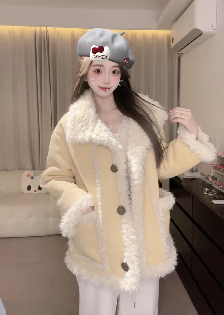 六只象【樱花故事】短款皮毛一体外套女冬新款毛毛外套大衣