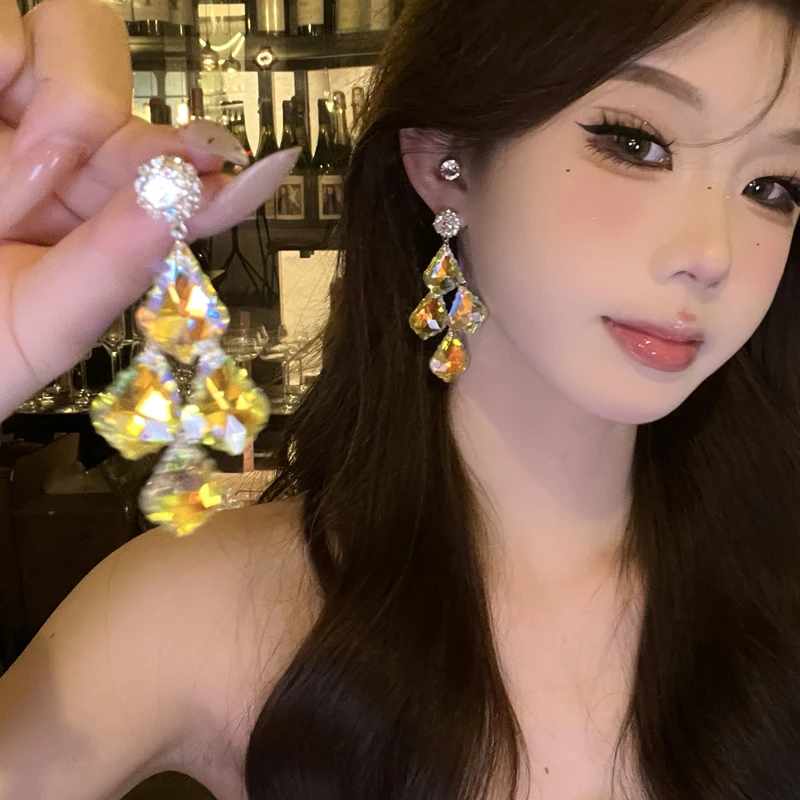 铜合金仿水晶耳饰 复古法式新款彩色水滴流苏耳环精致气质高级感