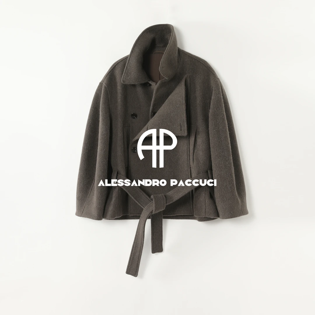 AP洛哥54032DY黑标/绵羊毛+羊驼毛翻领双层门襟腰带气质短大衣