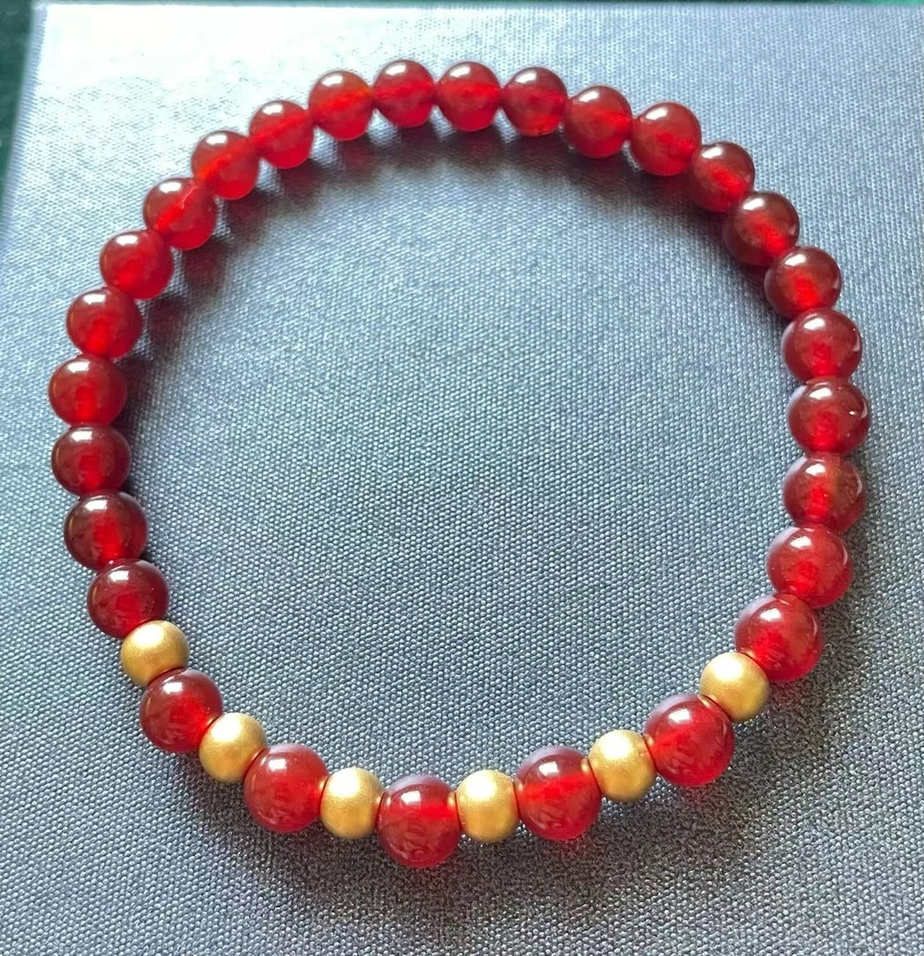 B（004）足金时尚百搭约5mm古法金珠六颗（赠卡六红玛 瑙/玉 髓手串）