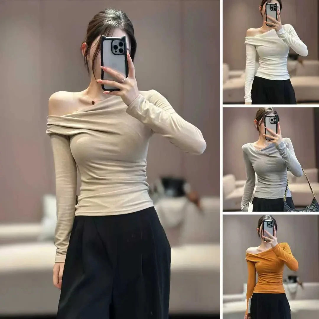 2025秋季新款设计感荡领斜肩一字肩长袖T恤女修身显瘦打底衫上衣