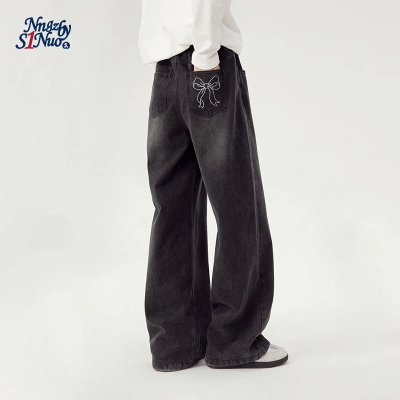 初中生秋季新款女大童休闲百搭蝴蝶结显瘦宽松牛仔裤C25CN1094W