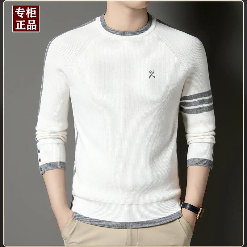 劲霸世家男装2025秋冬男士圆领针织衫拼接条纹打底保暖刺绣毛衣潮