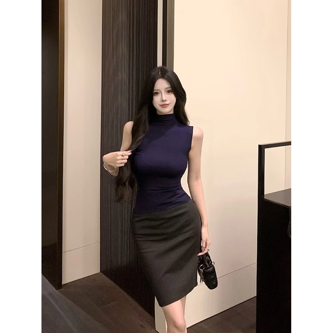 名媛气质修身半高领无袖背心上衣+灰色高腰半身裙御姐高级两件套