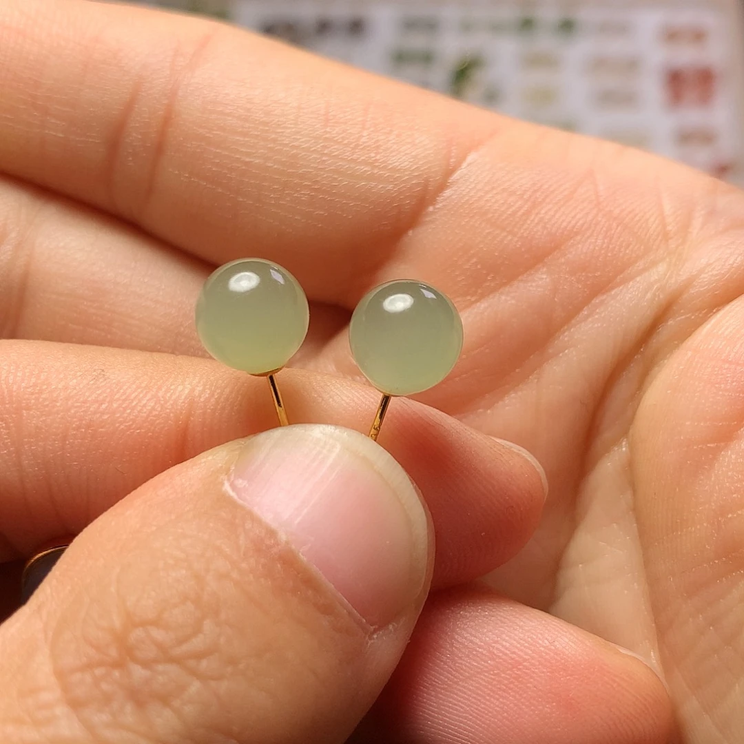 银S925镀金镶嵌和田玉（青白玉）耳饰墨*