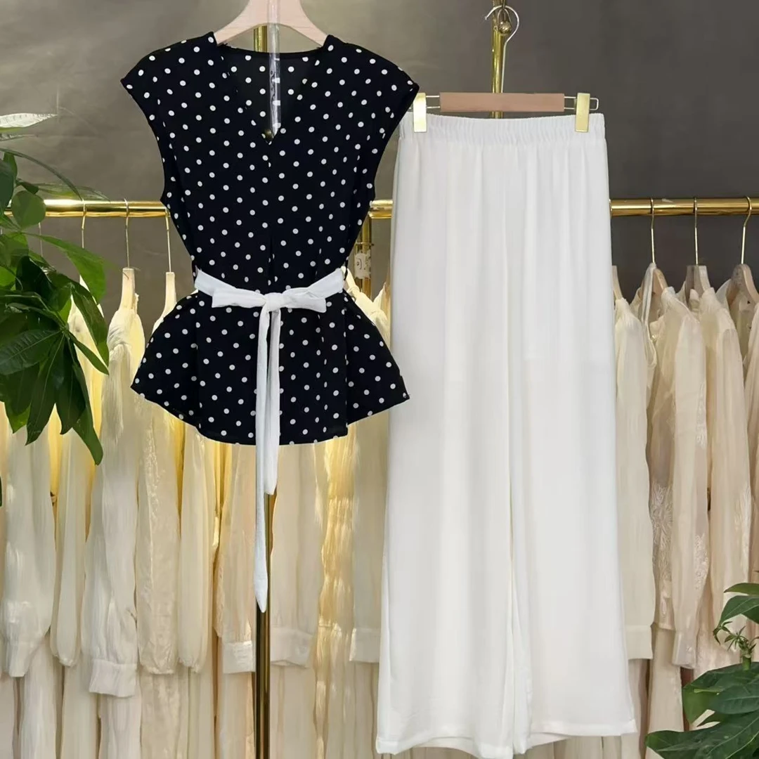 【三件套】时尚套装2025夏季新款休闲减龄上衣+阔腿裤+腰带套装M505